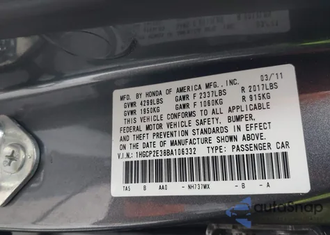 2011 Honda Accord 2.4 Lx z USA, uszkodzony, nr VIN 1HGCP2E38BA106332